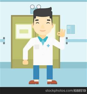 An asian doctor in medical gown showing ok sign. Smiling doctor gesturing ok sign. Doctor with ok sign gesture in the hospital corridor. Vector flat design illustration. Square layout.. Doctor showing ok sign vector illustration.