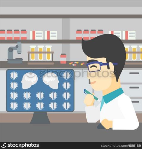 An asian doctor looking at magnetic resonance images of the brain on a computer screen. Doctor analyzing MRI scan at the medical office. Vector flat design illustration. Square layout.. Doctor analyzing MRI scan vector illustration.