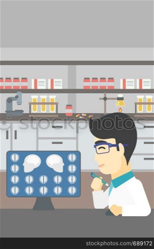 An asian doctor looking at magnetic resonance images of the brain on a computer screen. Doctor analyzing MRI scan at the medical office. Vector flat design illustration. Vertical layout.. Doctor analyzing MRI scan vector illustration.