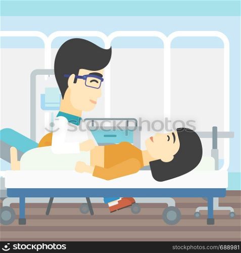 An asian doctor touching abdomen of female patient. Woman on reception at doctor. Vector flat design illustration. Square layout.. Doctor touching abdomen of female patient.