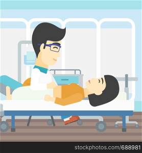 An asian doctor touching abdomen of female patient. Woman on reception at doctor. Vector flat design illustration. Square layout.. Doctor touching abdomen of female patient.