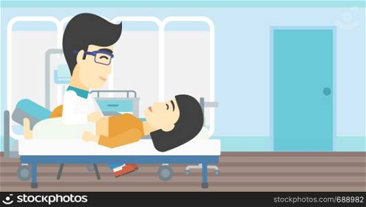 An asian doctor touching abdomen of female patient. Woman on reception at doctor. Vector flat design illustration. Horizontal layout.. Doctor touching abdomen of female patient.