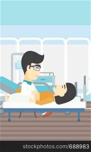 An asian doctor touching abdomen of female patient. Woman on reception at doctor. Vector flat design illustration. Vertical layout.. Doctor touching abdomen of female patient.