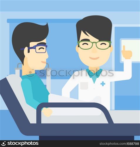 An asian doctor visiting male patient at hospital ward. Doctor pointing finger up during consultation with patient in hospital room. Vector flat design illustration. Square layout.. Doctor visiting patient vector illustration.
