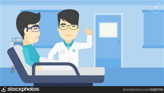 An asian doctor visiting male patient at hospital ward. Doctor pointing finger up during consultation with patient in hospital room. Vector flat design illustration. Horizontal layout.. Doctor visiting patient vector illustration.