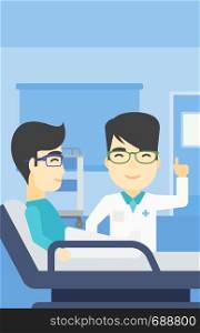An asian doctor visiting male patient at hospital ward. Doctor pointing finger up during consultation with patient in hospital room. Vector flat design illustration. Vertical layout.. Doctor visiting patient vector illustration.