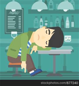 An asian drunk man deeply sleeping near the bottle of wine and glass on table. Drunk man sleeping in bar. Alcohol addiction concept. Vector flat design illustration. Square layout.. Man sleeping in bar.