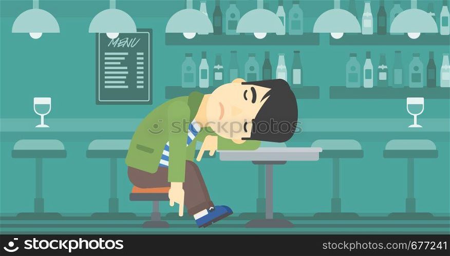 An asian drunk man deeply sleeping near the bottle of wine and glass on table. Drunk man sleeping in bar. Alcohol addiction concept. Vector flat design illustration. Horizontal layout.. Man sleeping in bar.