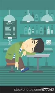 An asian drunk man deeply sleeping near the bottle of wine and glass on table. Drunk man sleeping in bar. Alcohol addiction concept. Vector flat design illustration. Vertical layout.. Man sleeping in bar.
