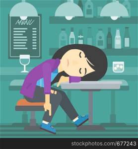 An asian drunk woman deeply sleeping near the bottle of wine and glass on table. Drunk woman sleeping in bar. Alcohol addiction concept. Vector flat design illustration. Square layout.. Drunk woman sleeping in bar.