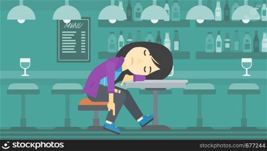 An asian drunk woman deeply sleeping near the bottle of wine and glass on table. Drunk woman sleeping in bar. Alcohol addiction concept. Vector flat design illustration. Horizontal layout.. Drunk woman sleeping in bar.