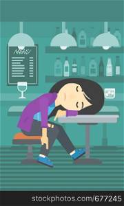 An asian drunk woman deeply sleeping near the bottle of wine and glass on table. Drunk woman sleeping in bar. Alcohol addiction concept. Vector flat design illustration. Vertical layout.. Drunk woman sleeping in bar.