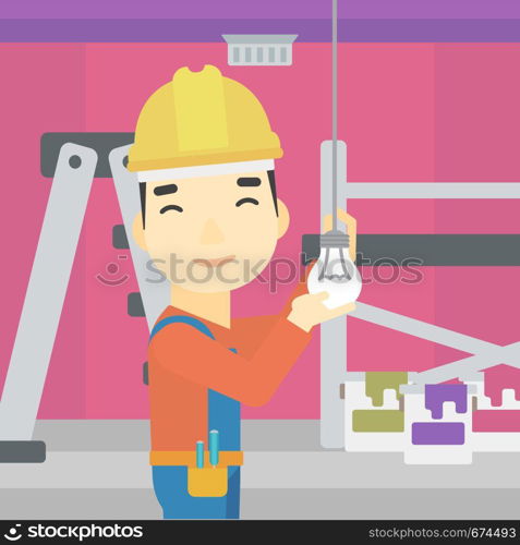 An asian electrician twisting a light bulb. An electrician installing light in an apartment. Electrician changing light bulb. Vector flat design illustration. Square layout.. Electrician twisting light bulb.