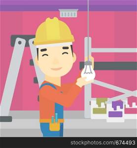 An asian electrician twisting a light bulb. An electrician installing light in an apartment. Electrician changing light bulb. Vector flat design illustration. Square layout.. Electrician twisting light bulb.
