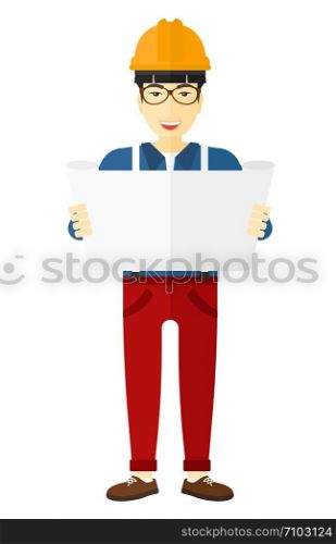 An asian engineer considering a blueprint vector flat design illustration isolated on white background. . Engineer holding blueprint.
