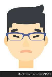 An asian envious man in glasses vector flat design illustration isolated on white background. Vertical layout.. Envious man in glasses.