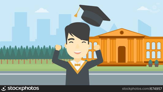 An asian excited graduate in cloak and graduation hat. Graduate throwing up his hat. Graduate celebrating on a background of educational building. Vector flat design illustration. Horizontal layout.. Graduate throwing up his hat vector illustration.