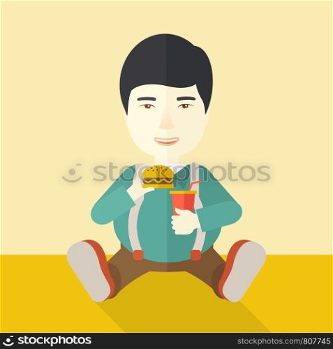 An asian fat man sitting on the floor while eating hamburger and drinking soda vector flat design illustration. Square layout.. Man eating hamburger.