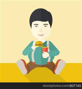 An asian fat man sitting on the floor while eating hamburger and drinking soda vector flat design illustration. Square layout.. Man eating hamburger.