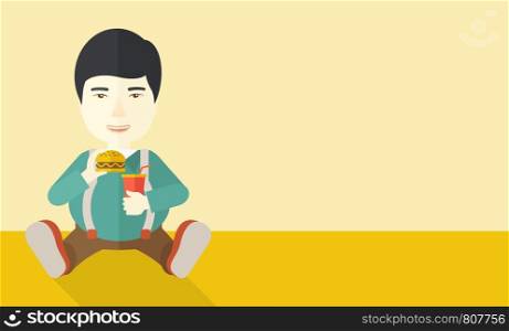 An asian fat man sitting on the floor while eating hamburger and drinking soda vector flat design illustration. Horizontal layout with a text space for a social media post.. Man eating hamburger.