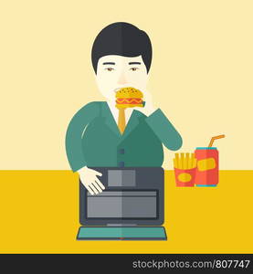 An asian fat man standing in front of a laptop while eating hamburger vector flat design illustration. Square layout.. Man eating hamburger.