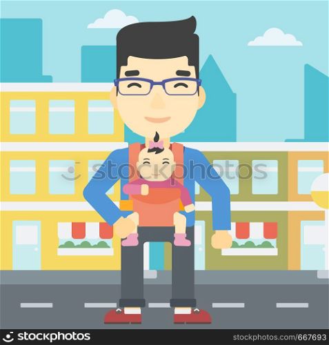 An asian father carrying daughter in sling. Father with baby in sling walking in the city street. Young father carrying newborn in sling. Vector flat design illustration. Square layout.. Father carrying his daughter in sling.