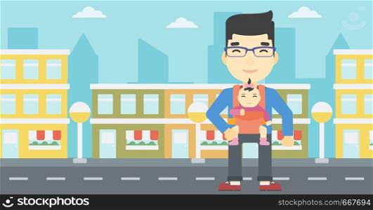 An asian father carrying daughter in sling. Father with baby in sling walking in the city street. Young father carrying newborn in sling. Vector flat design illustration. Horizontal layout.. Father carrying his daughter in sling.