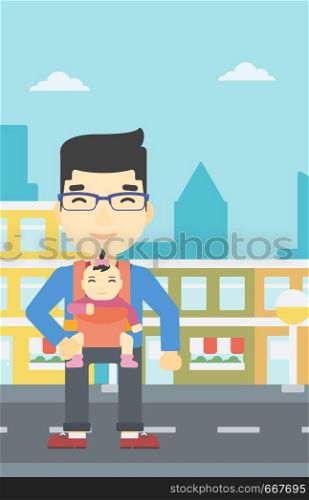 An asian father carrying daughter in sling. Father with baby in sling walking in the city street. Young father carrying newborn in sling. Vector flat design illustration. Vertical layout.. Father carrying his daughter in sling.