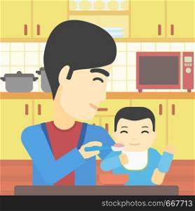 An asian father feeding baby at home. Young father teaching baby to eat with spoon. Father spoon-feeding her baby at kitchen. Vector flat design illustration. Square layout.. Father feeding baby vector illustration.