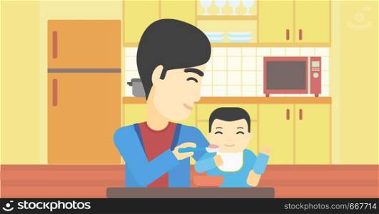 An asian father feeding baby at home. Young father teaching baby to eat with spoon. Father spoon-feeding her baby at kitchen. Vector flat design illustration. Horizontal layout.. Father feeding baby.