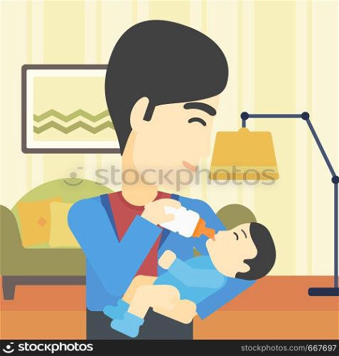 An asian father feeding baby with a milk bottle. Father feeding newborn baby at home. Baby boy drinking milk from bottle. Vector flat design illustration. Square layout.. Father feeding baby vector illustration.