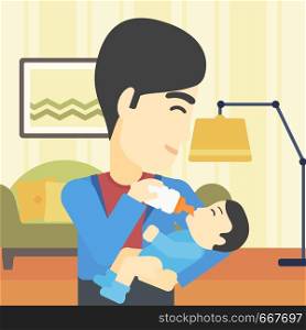 An asian father feeding baby with a milk bottle. Father feeding newborn baby at home. Baby boy drinking milk from bottle. Vector flat design illustration. Square layout.. Father feeding baby vector illustration.