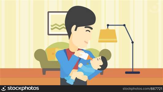 An asian father feeding baby with a milk bottle. Father feeding newborn baby at home. Baby boy drinking milk from bottle. Vector flat design illustration. Horizontal layout.. Father feeding baby.
