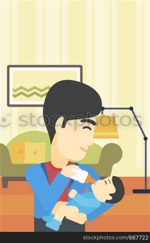 An asian father feeding baby with a milk bottle. Father feeding newborn baby at home. Baby boy drinking milk from bottle. Vector flat design illustration. Vertical layout.. Father feeding baby.