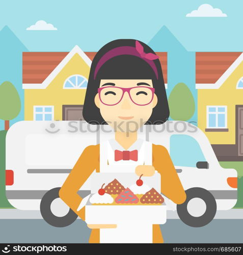 An asian female baker holding a box of cakes. A baker delivering cakes. Baker with cupcakes standing on the background of delivery truck. Vector flat design illustration. Square layout.. Baker delivering cakes vector illustration.