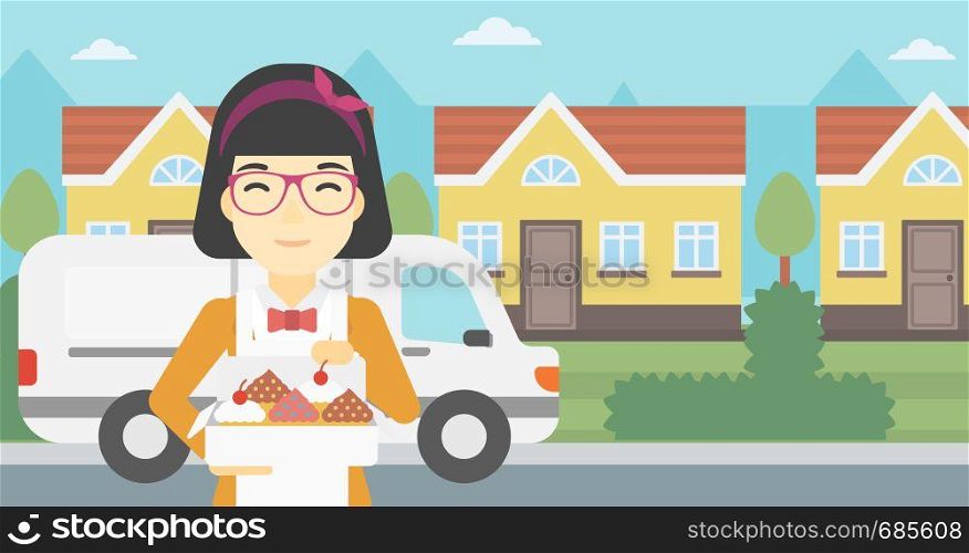 An asian female baker holding a box of cakes. A baker delivering cakes. Baker with cupcakes standing on the background of delivery truck. Vector flat design illustration. Horizontal layout.. Baker delivering cakes vector illustration.