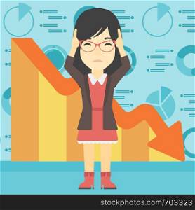 An asian female bankrupt clutching her head. Female bankrupt with a big question mark above her head. Concept of business bankruptcy. Vector flat design illustration. Square layout.. Bankrupt clutching her head vector illustration.