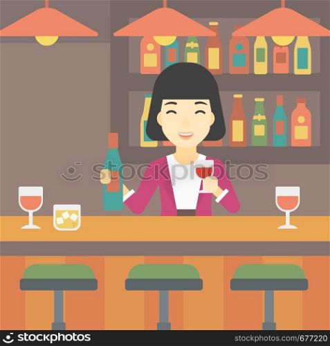 An asian female bartender standing at the bar counter. Female bartender with a bottle and a glass in hands. Female bartender at work. Vector flat design illustration. Square layout.. Bartender standing at the bar counter.
