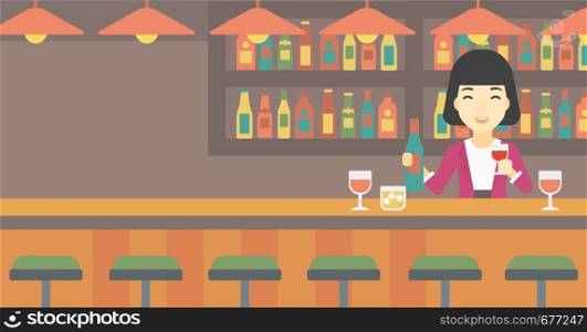 An asian female bartender standing at the bar counter. Female bartender with a bottle and a glass in hands. Female bartender at work. Vector flat design illustration. Horizontal layout.. Bartender standing at the bar counter.