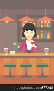 An asian female bartender standing at the bar counter. Female bartender with a bottle and a glass in hands. Female bartender at work. Vector flat design illustration. Vertical layout.. Bartender standing at the bar counter.