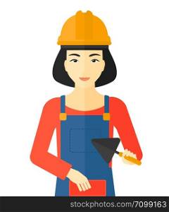 An asian female bricklayer with a spatula and a brick in hands vector flat design illustration isolated on white background.. Bricklayer with spatula and brick.