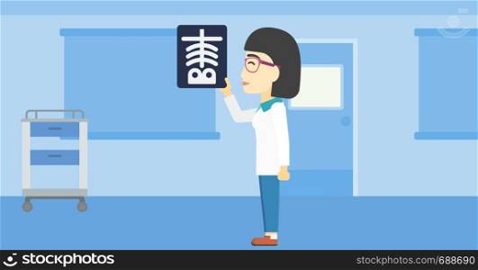 An asian female doctor examining a radiograph. Doctor looking at a chest radiograph in the medical office. Doctor observing a skeleton radiograph. Vector flat design illustration. Horizontal layout.. Doctor examining radiograph vector illustration.