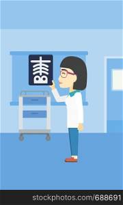 An asian female doctor examining a radiograph. Doctor looking at a chest radiograph in the medical office. Doctor observing a skeleton radiograph. Vector flat design illustration. Vertical layout.. Doctor examining radiograph vector illustration.