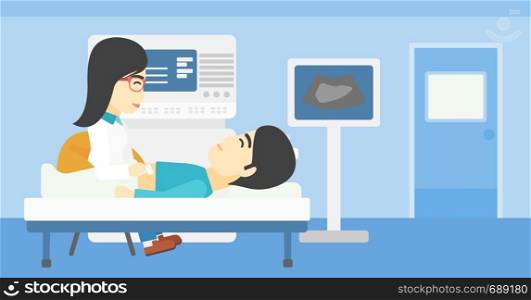 An asian female doctor examining internal organs of a male patient on ultrasound. Doctor working on modern ultrasound equipment at medical office. Vector flat design illustration. Horizontal layout.. Patient during ultrasound examination.