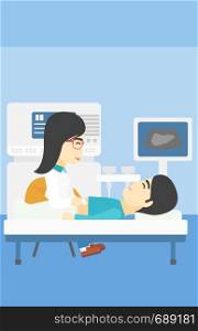 An asian female doctor examining internal organs of a male patient on ultrasound. Doctor working on modern ultrasound equipment at medical office. Vector flat design illustration. Vertical layout.. Patient during ultrasound examination.