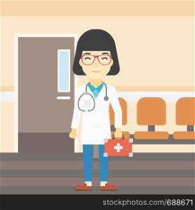 An asian female doctor holding first aid box. Doctor in uniform with first aid kit standing in the hospital corridor. Vector flat design illustration. Square layout.. Doctor with first aid box vector illustration.