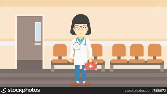 An asian female doctor holding first aid box. Doctor in uniform with first aid kit standing in the hospital corridor. Vector flat design illustration. Horizontal layout.. Doctor with first aid box vector illustration.