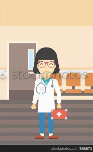 An asian female doctor holding first aid box. Doctor in uniform with first aid kit standing in the hospital corridor. Vector flat design illustration. Vertical layout.. Doctor with first aid box vector illustration.