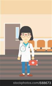 An asian female doctor holding first aid box. Doctor in uniform with first aid kit standing in the hospital corridor. Vector flat design illustration. Vertical layout.. Doctor with first aid box vector illustration.