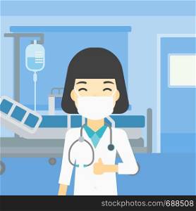 An asian female doctor in mask giving thumbs up. Happy doctor with thumbs up in the hospital room. Doctor showing thumbs up gesture. Vector flat design illustration. Square layout.. Doctor giving thumb up vector illustration.